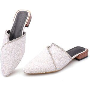 Women's White Flats Comfortable Soft Insole Pointed Cherry Rivet Mule Shoes